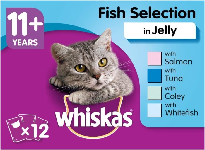 Whiskas 11+ Cat Wet Food in Pouch for Senior Cats, Fish Selection in Jelly, 12x 100g